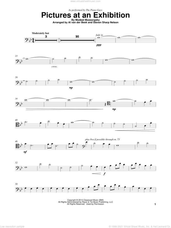 Pictures At An Exhibition sheet music for cello solo by The Piano Guys and Modest Petrovic Mussorgsky, intermediate skill level