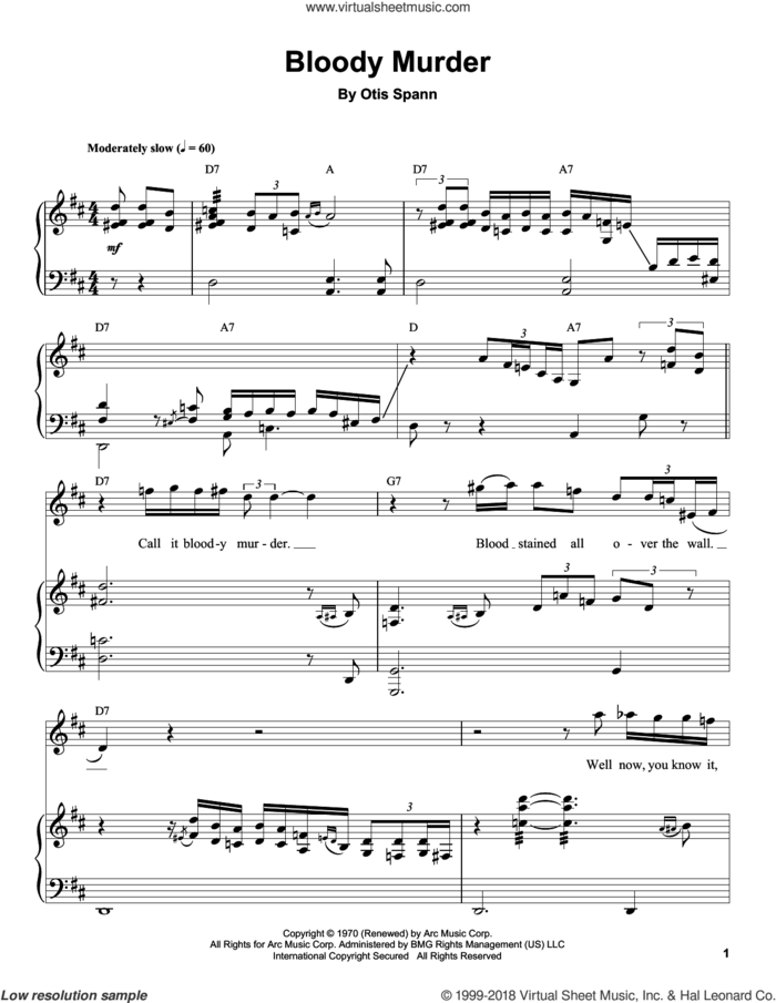 Bloody Murder sheet music for piano solo (transcription) by Otis Spann, intermediate piano (transcription)