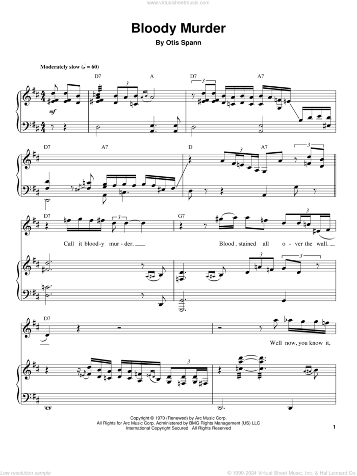 Bloody Murder sheet music for piano solo (transcription) by Otis Spann, intermediate piano (transcription)