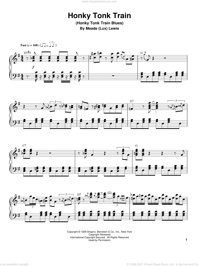 Honky Tonk Train (Honky Tonk Train Blues) sheet music for piano solo (transcription) by Meade (Lux) Lewis, intermediate piano (transcription)