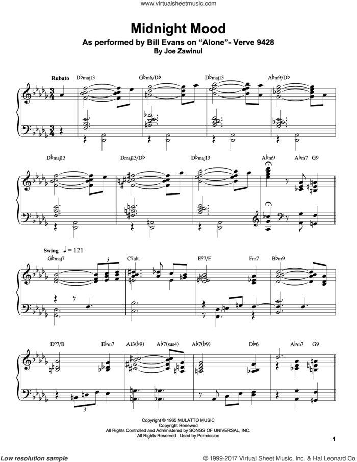 Midnight Mood sheet music for piano solo (transcription) by Bill Evans, Ben Raleigh and Josef Zawinul, intermediate piano (transcription)
