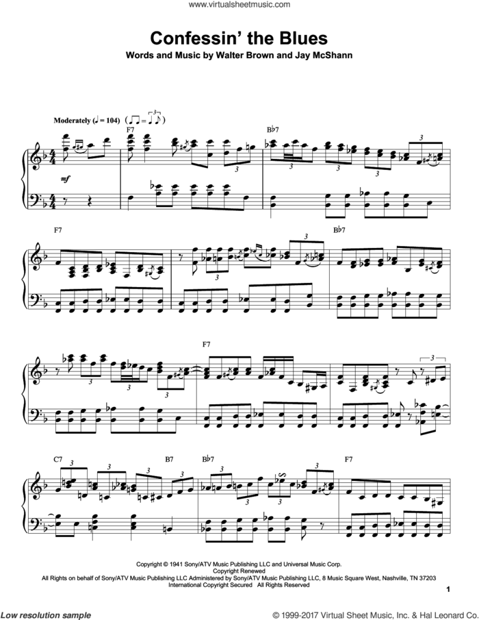 Confessin' The Blues sheet music for piano solo (transcription) by B.B. King, Jay McShann & His Orchestra, Jay McShann and Walter Brown, intermediate piano (transcription)