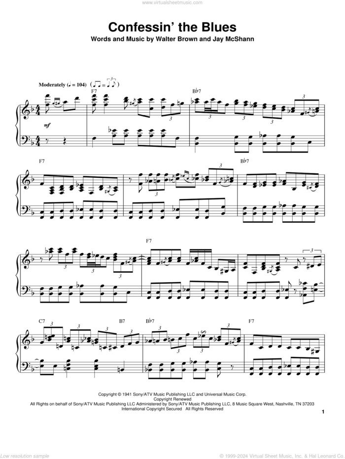 Confessin' The Blues sheet music for piano solo (transcription) by B.B. King, Jay McShann & His Orchestra, Jay McShann and Walter Brown, intermediate piano (transcription)