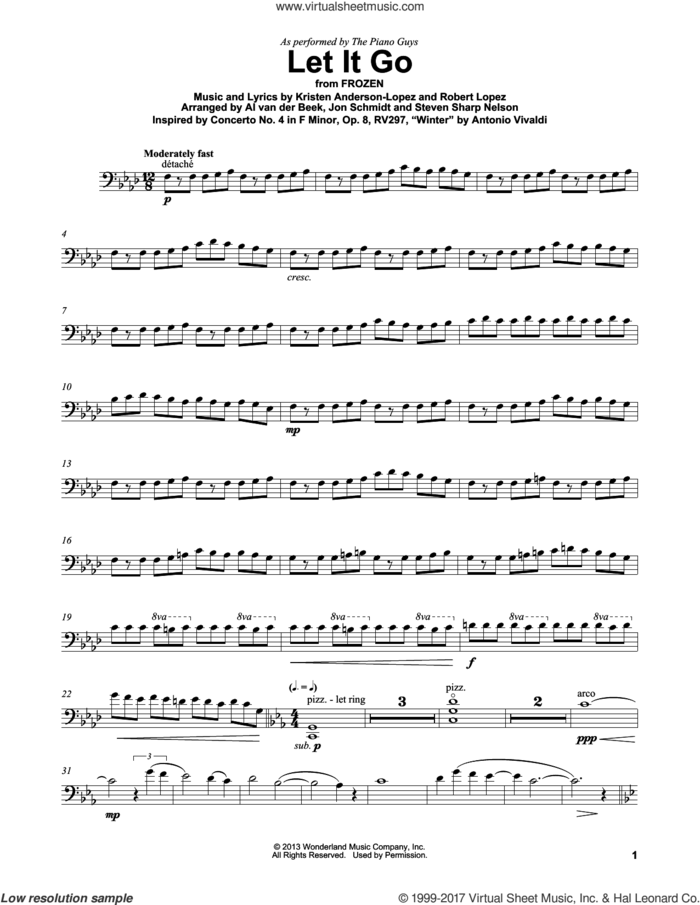 Let It Go (from Frozen) sheet music for cello solo by The Piano Guys, Idina Menzel, Kristen Anderson-Lopez and Robert Lopez, intermediate skill level