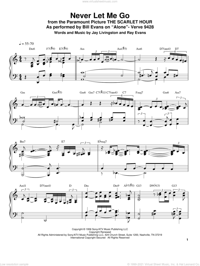 Never Let Me Go sheet music for piano solo (transcription) by Bill Evans, Dinah Washington, Jay Livingston and Ray Evans, intermediate piano (transcription)