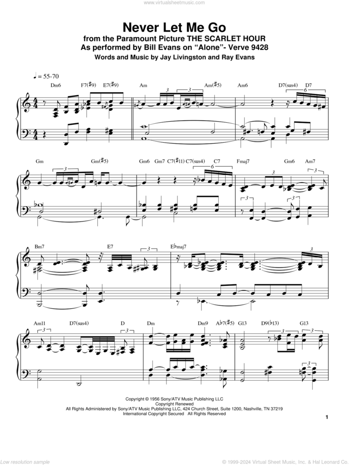 Never Let Me Go sheet music for piano solo (transcription) by Bill Evans, Dinah Washington, Jay Livingston and Ray Evans, intermediate piano (transcription)