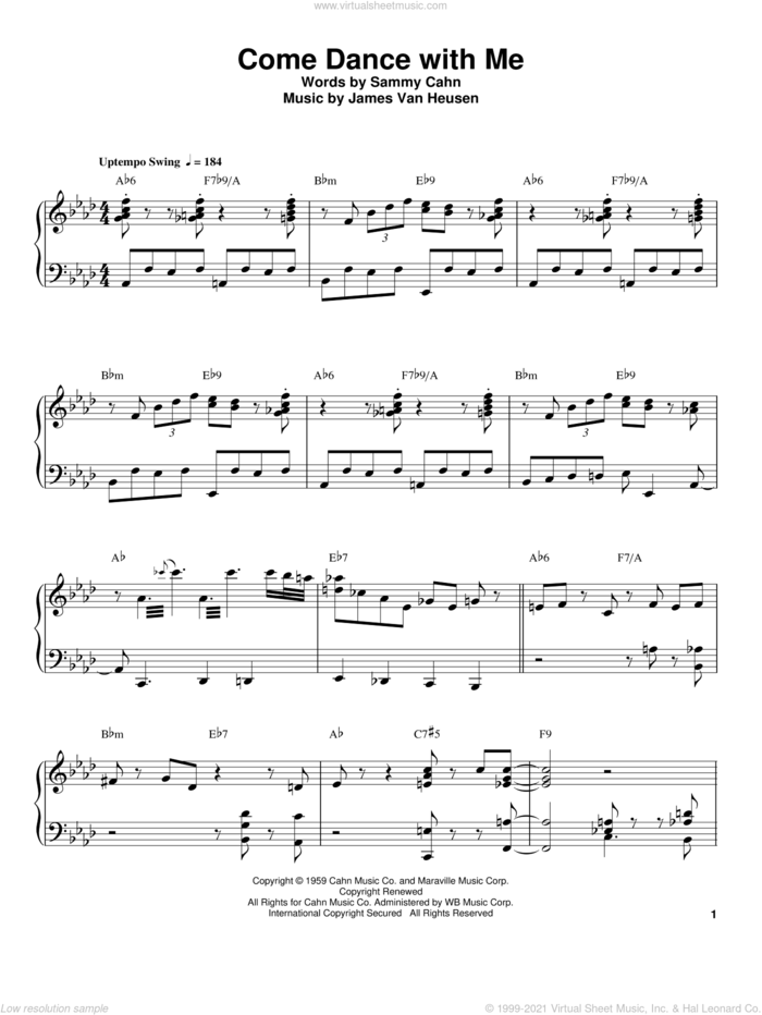 Come Dance With Me sheet music for piano solo (transcription) by Oscar Peterson, Jimmy van Heusen and Sammy Cahn, intermediate piano (transcription)