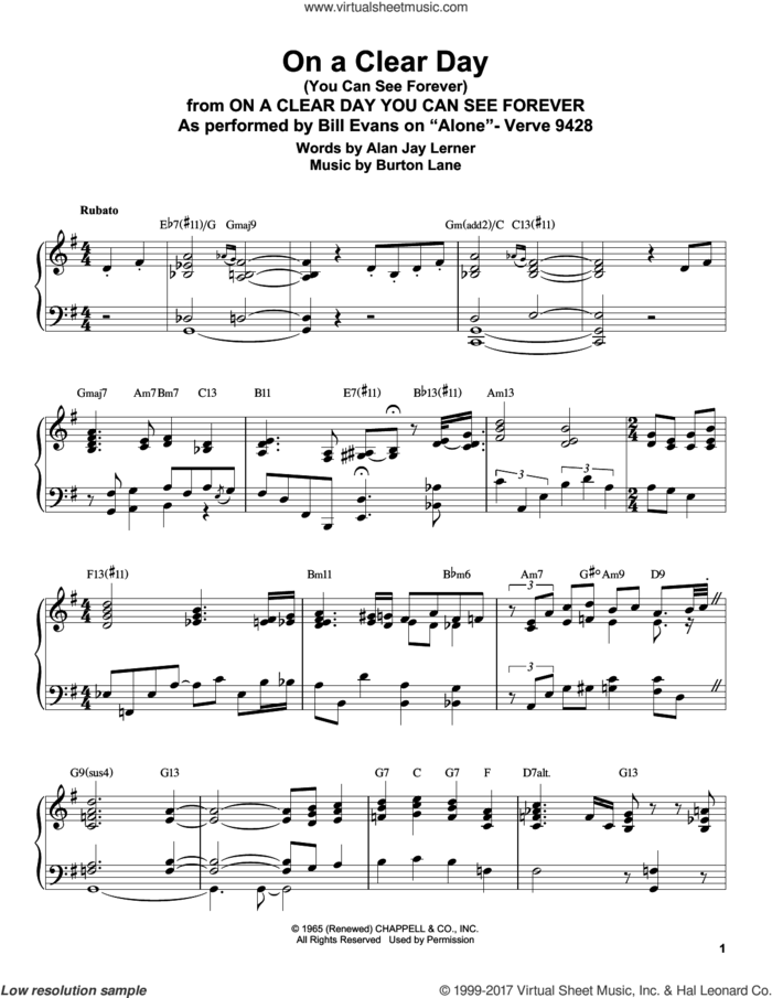 On A Clear Day (You Can See Forever) sheet music for piano solo (transcription) by Bill Evans, Alan Jay Lerner and Burton Lane, intermediate piano (transcription)