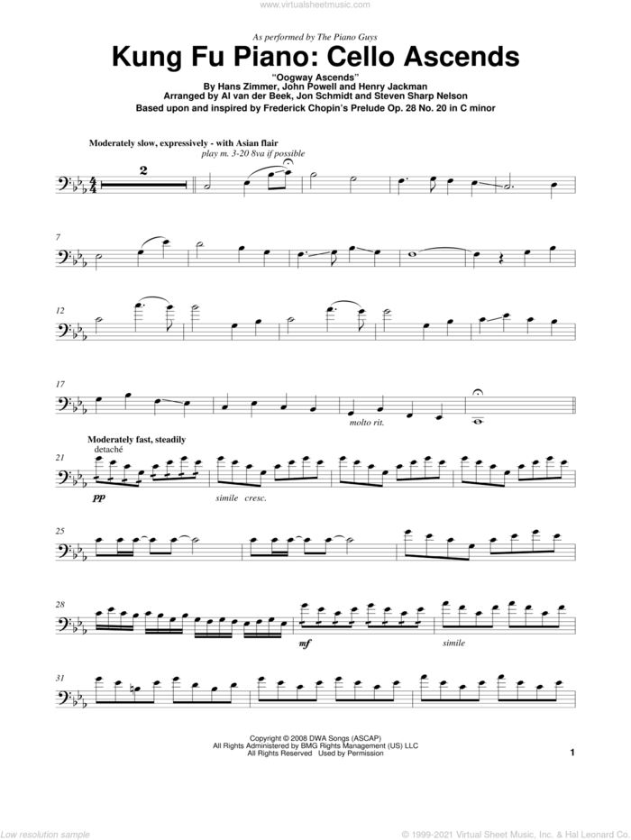Kung Fu Piano: Cello Ascends sheet music for cello solo by The Piano Guys, Frederick Chopin, Hans Zimmer, Henry Jackman and John Powell, intermediate skill level