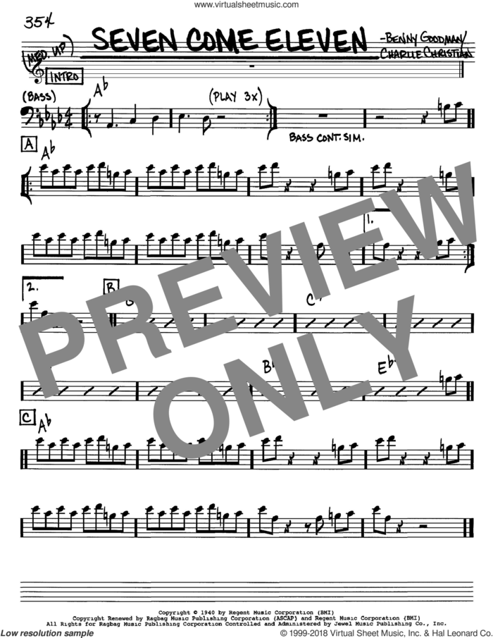 Seven Come Eleven sheet music for voice and other instruments (bass clef) by Benny Goodman and Charlie Christian, intermediate skill level
