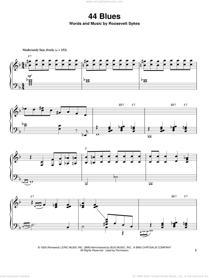 44 Blues sheet music for piano solo (transcription) by Roosevelt Sykes, intermediate piano (transcription)