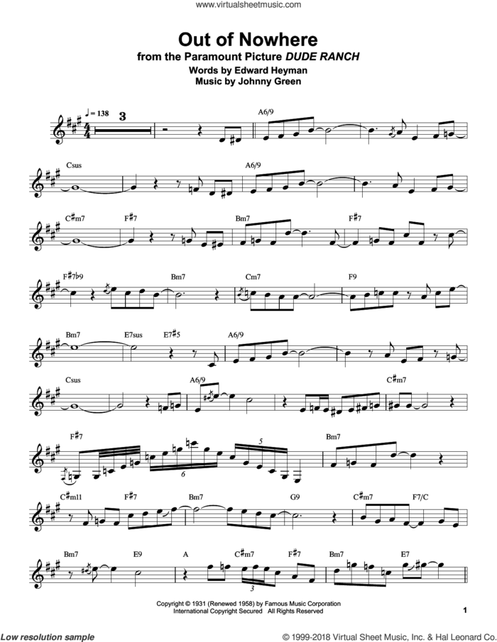 Out Of Nowhere sheet music for clarinet solo (transcription) by Buddy DeFranco, Edward Heyman and Johnny Green, intermediate clarinet (transcription)