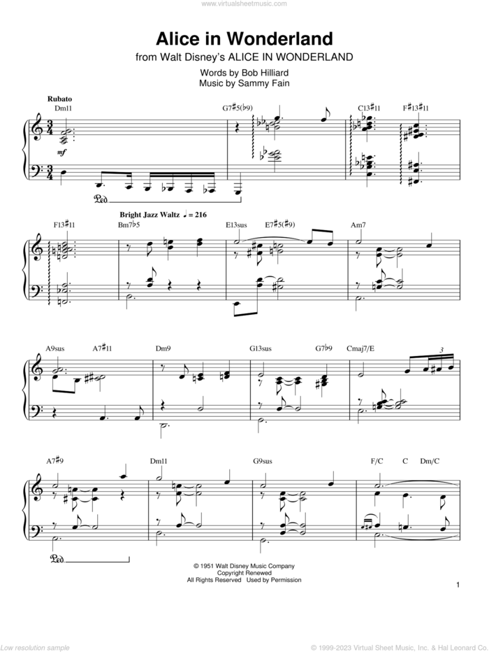 Alice In Wonderland sheet music for piano solo (transcription) by Oscar Peterson, Bill Evans, Bob Hilliard and Sammy Fain, intermediate piano (transcription)