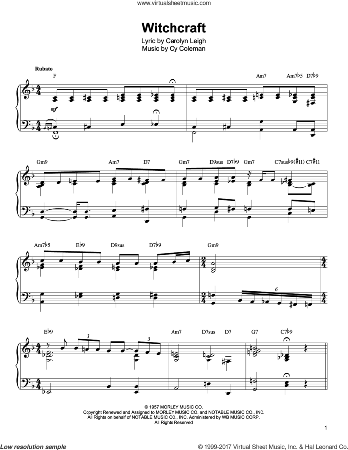 Witchcraft sheet music for piano solo (transcription) by Oscar Peterson, Carolyn Leigh and Cy Coleman, intermediate piano (transcription)