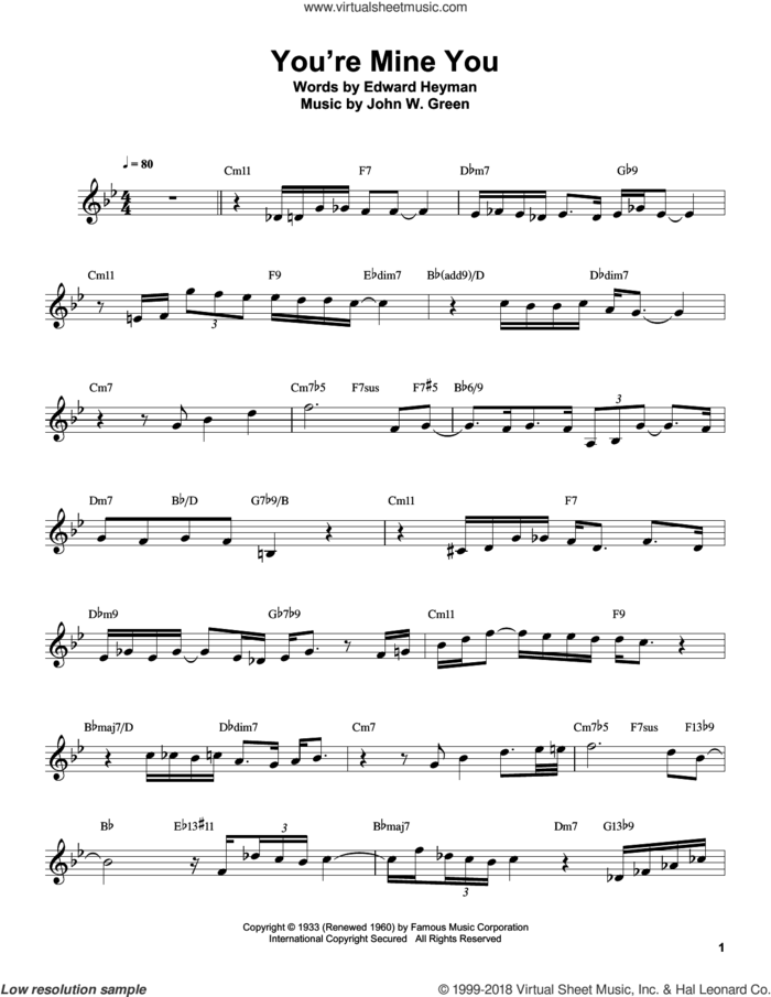You're Mine You sheet music for clarinet solo (transcription) by Buddy DeFranco and Johnny Green, Edward Heyman and Johnny Green, intermediate clarinet (transcription)
