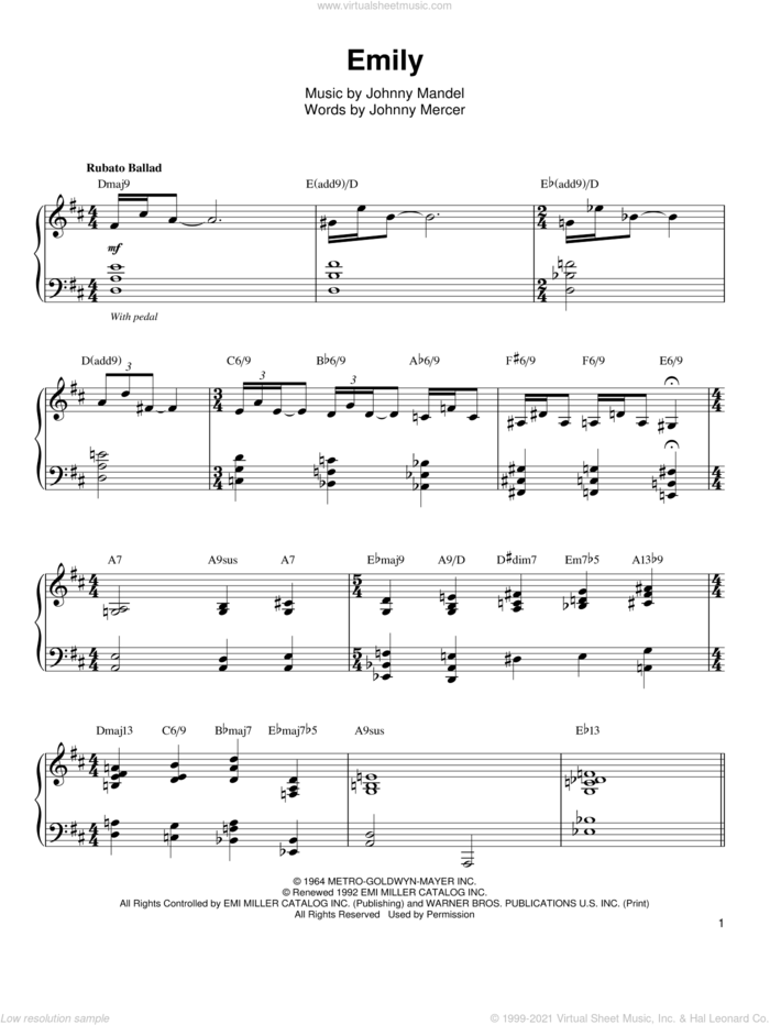 Emily sheet music for piano solo (transcription) by Oscar Peterson and Johnny Mercer, intermediate piano (transcription)
