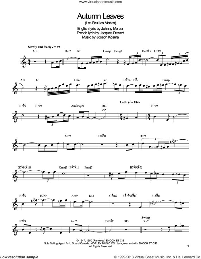 Autumn Leaves sheet music for clarinet solo (transcription) by Buddy DeFranco, Jacques Prevert, Johnny Mercer and Joseph Kosma, intermediate clarinet (transcription)