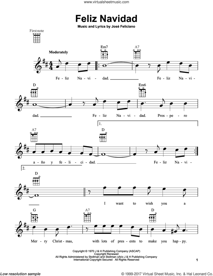 Feliz Navidad sheet music for ukulele by Jose Feliciano, intermediate skill level