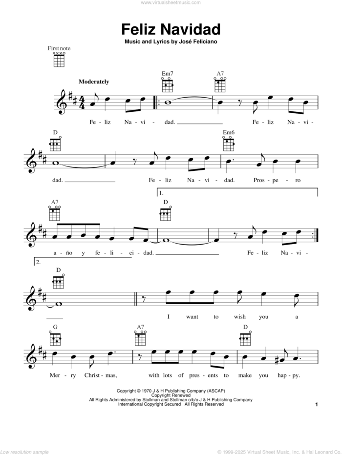 Feliz Navidad sheet music for ukulele by Jose Feliciano, intermediate skill level