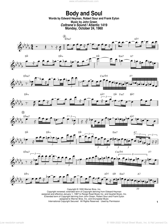 Body And Soul sheet music for tenor saxophone solo (transcription) by John Coltrane, Edward Heyman, Frank Eyton, Johnny Green and Robert Sour, intermediate tenor saxophone (transcription)