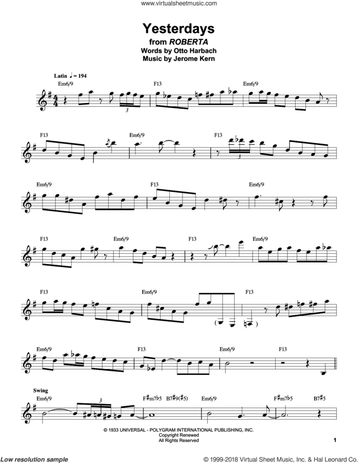 Yesterdays sheet music for clarinet solo (transcription) by Buddy DeFranco, Jerome Kern and Otto Harbach, intermediate clarinet (transcription)