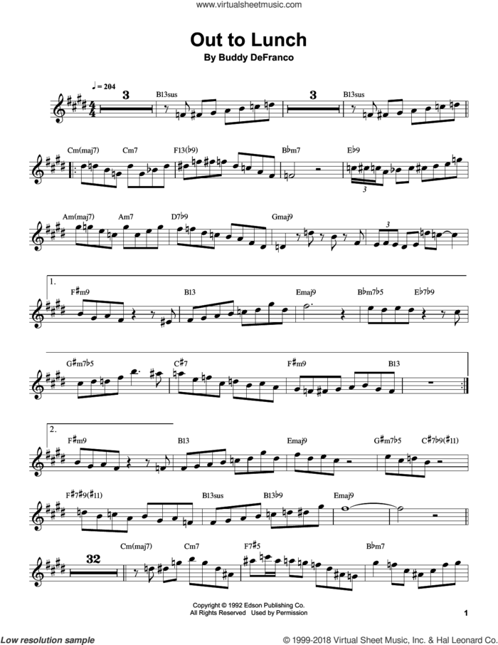 Out To Lunch sheet music for clarinet solo (transcription) by Buddy DeFranco, intermediate clarinet (transcription)