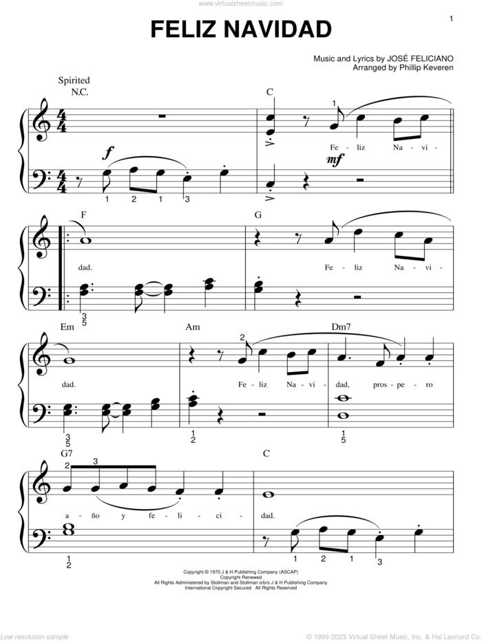 Feliz Navidad (arr. Phillip Keveren) sheet music for piano solo (big note book) by Jose Feliciano and Phillip Keveren, easy piano (big note book)