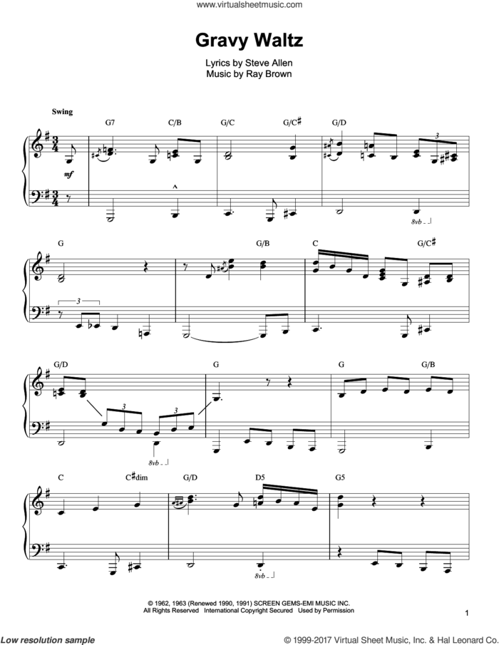 Gravy Waltz sheet music for piano solo (transcription) by Oscar Peterson and Ray Brown, intermediate piano (transcription)