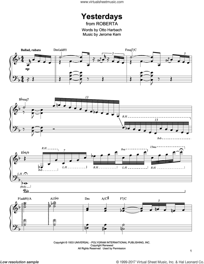 Yesterdays sheet music for piano solo (transcription) by Oscar Peterson, Jerome Kern and Otto Harbach, intermediate piano (transcription)