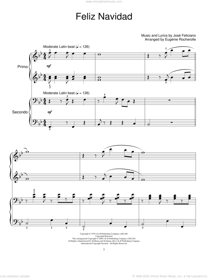 Feliz Navidad sheet music for piano four hands by Jose Feliciano, Clay Walker and Eugenie Rocherolle, intermediate skill level