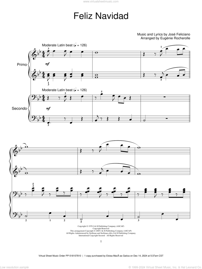 Feliz Navidad sheet music for piano four hands by Jose Feliciano, Clay Walker and Eugenie Rocherolle, intermediate skill level