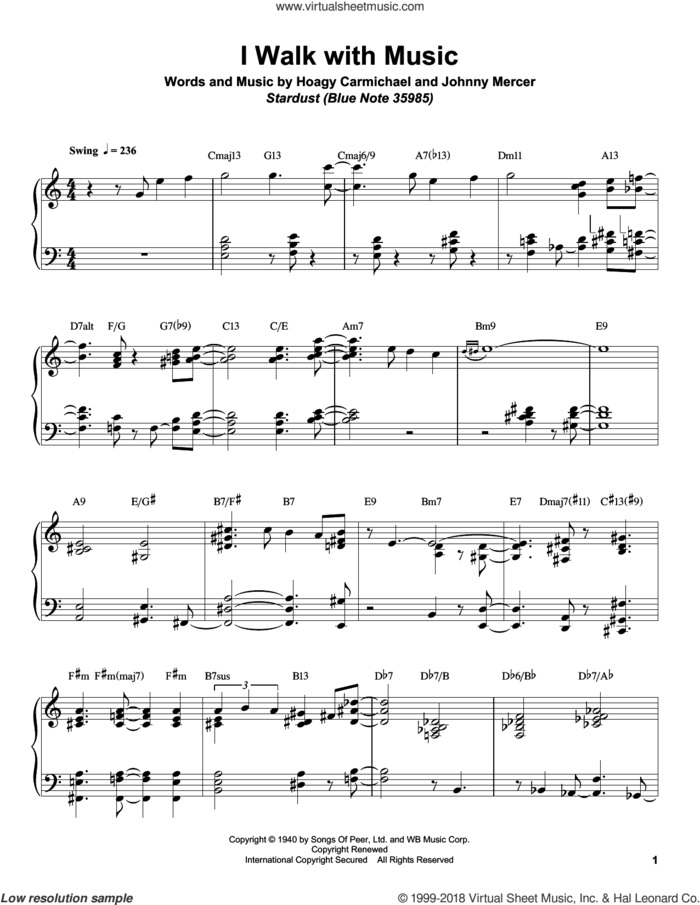 I Walk With Music sheet music for piano solo (transcription) by Bill Charlap, Hoagy Carmichael and Johnny Mercer, intermediate piano (transcription)