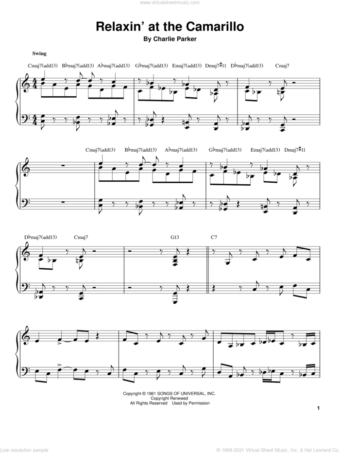 Relaxin' At The Camarillo sheet music for piano solo (transcription) by Tommy Flanagan and Charlie Parker, intermediate piano (transcription)