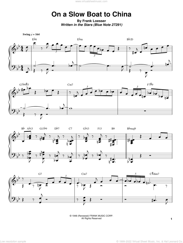 On A Slow Boat To China sheet music for piano solo (transcription) by Bill Charlap and Frank Loesser, intermediate piano (transcription)