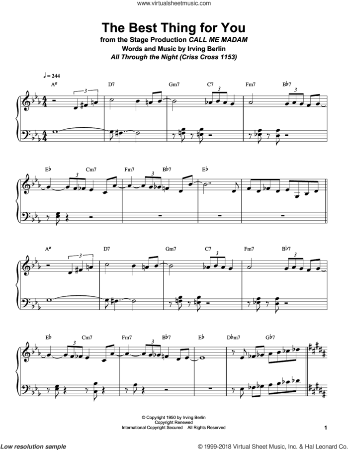 The Best Thing For You sheet music for piano solo (transcription) by Bill Charlap, Dick Hyman and Irving Berlin, intermediate piano (transcription)