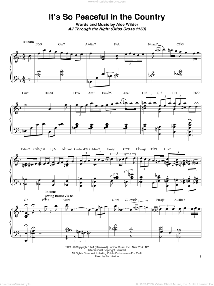 It's So Peaceful In The Country sheet music for piano solo (transcription) by Bill Charlap and Alec Wilder, intermediate piano (transcription)