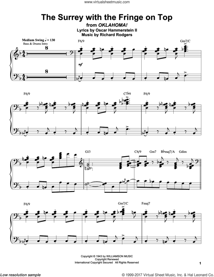 The Surrey With The Fringe On Top (from Oklahoma!) sheet music for piano solo (transcription) by Oscar Peterson, Oscar II Hammerstein and Richard Rodgers, intermediate piano (transcription)