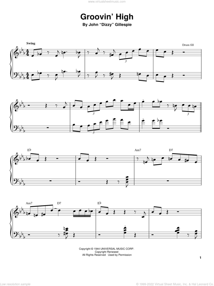 Groovin' High sheet music for piano solo (transcription) by Tommy Flanagan, Charlie Parker and Dizzy Gillespie, intermediate piano (transcription)