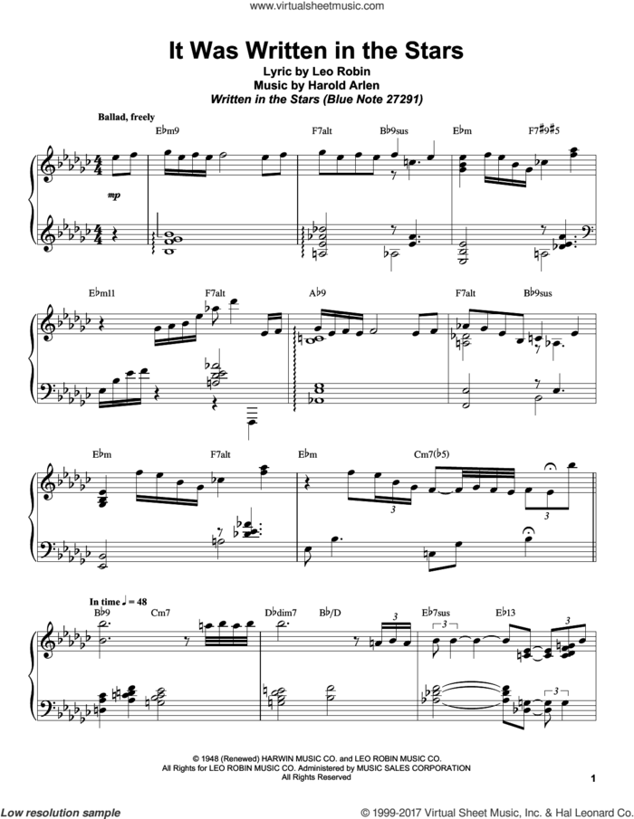 It Was Written In The Stars sheet music for piano solo (transcription) by Bill Charlap, Harold Arlen and Leo Robin, intermediate piano (transcription)