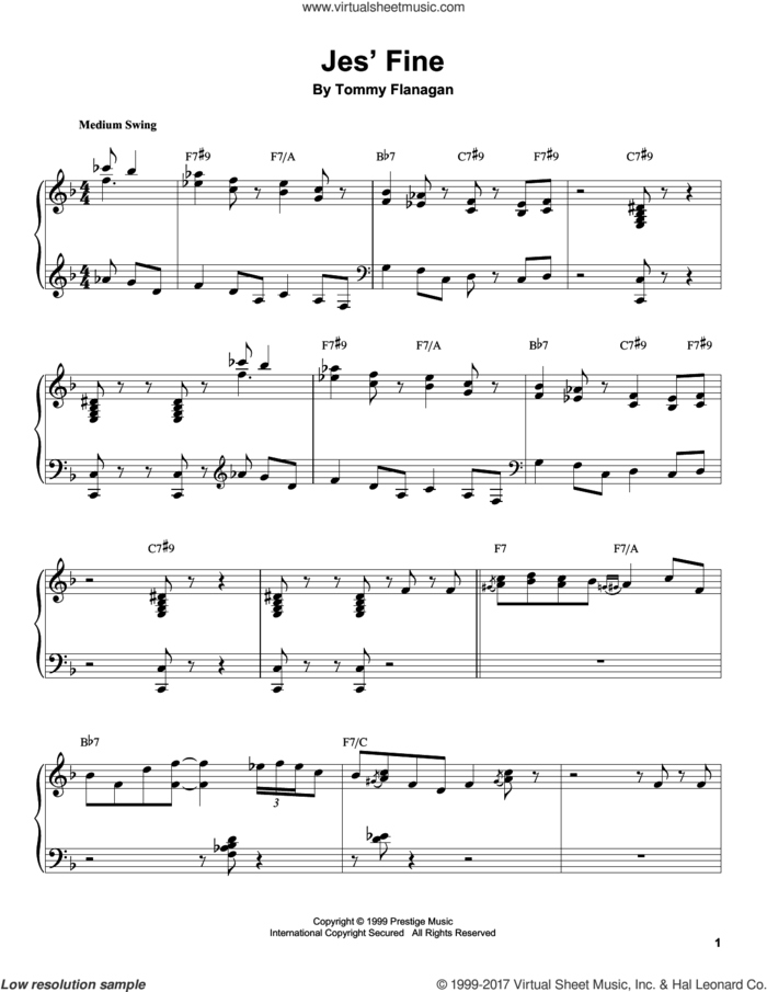 Jes' Fine sheet music for piano solo (transcription) by Tommy Flanagan, intermediate piano (transcription)