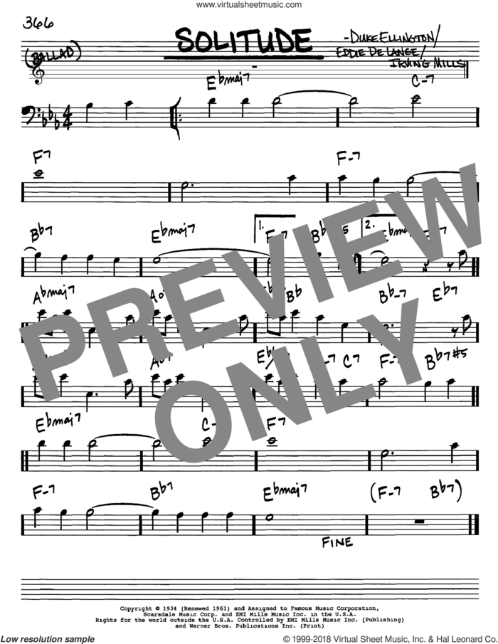 Solitude sheet music for voice and other instruments (bass clef) by Duke Ellington, Eddie DeLange and Irving Mills, intermediate skill level