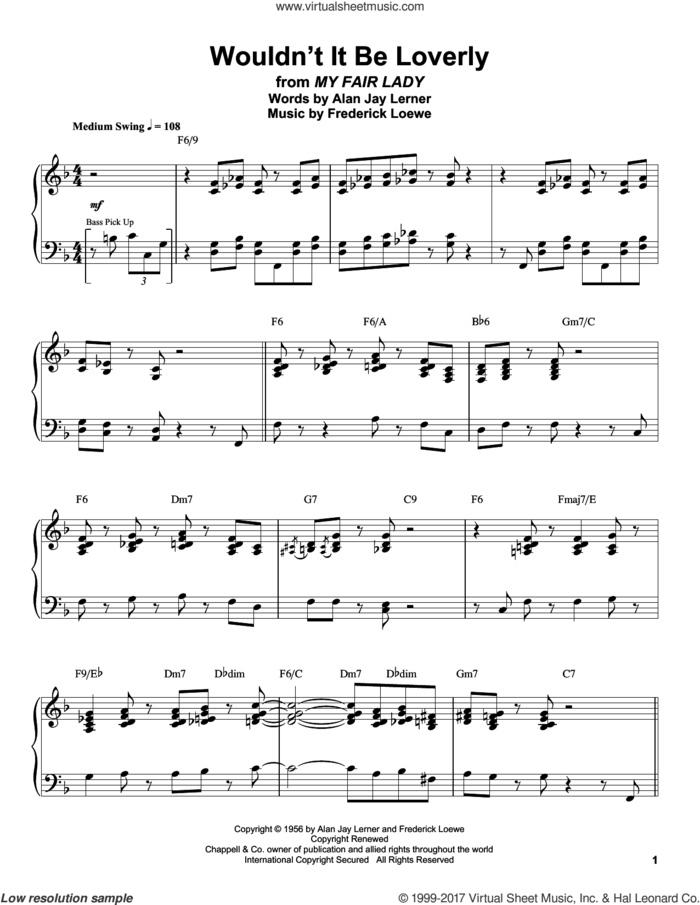 Wouldn't It Be Loverly sheet music for piano solo (transcription) by Oscar Peterson, Alan Jay Lerner and Frederick Loewe, intermediate piano (transcription)