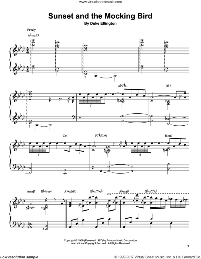 Sunset And The Mocking Bird sheet music for piano solo (transcription) by Tommy Flanagan and Duke Ellington, intermediate piano (transcription)