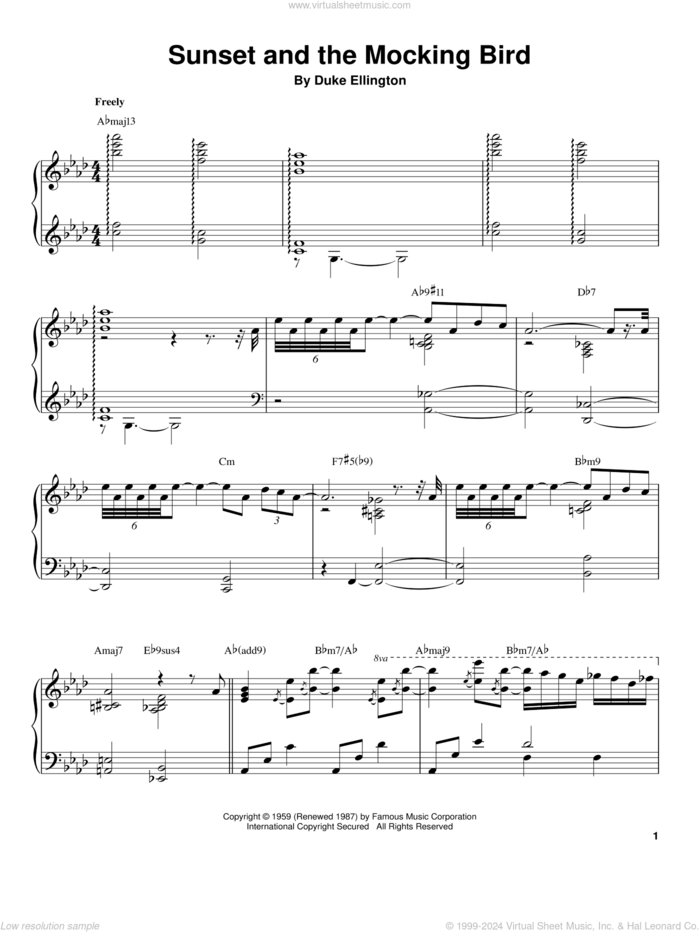 Sunset And The Mocking Bird sheet music for piano solo (transcription) by Tommy Flanagan and Duke Ellington, intermediate piano (transcription)