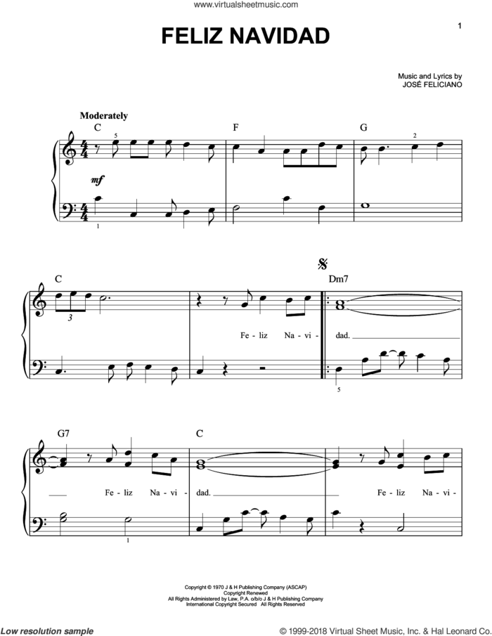 Feliz Navidad, (beginner) sheet music for piano solo by Jose Feliciano, beginner skill level