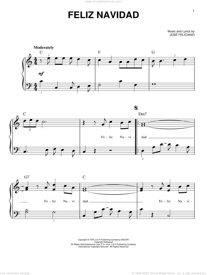 Feliz Navidad, (beginner) sheet music for piano solo by Jose Feliciano, beginner skill level