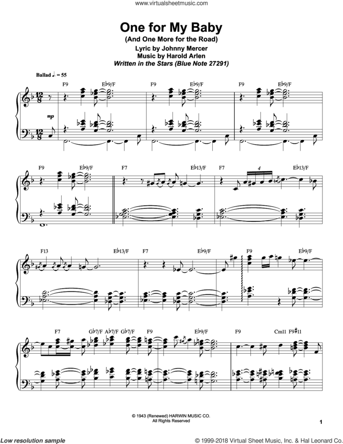 One For My Baby (And One More For The Road) sheet music for piano solo (transcription) by Bill Charlap, Frank Sinatra, Harold Arlen and Johnny Mercer, intermediate piano (transcription)
