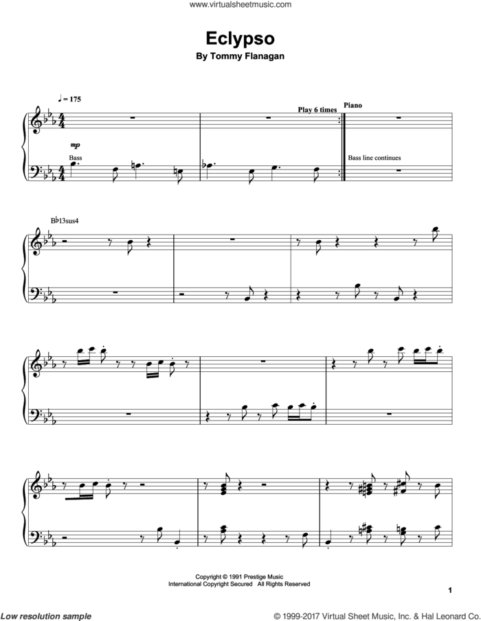 Eclypso sheet music for piano solo (transcription) by Tommy Flanagan, intermediate piano (transcription)