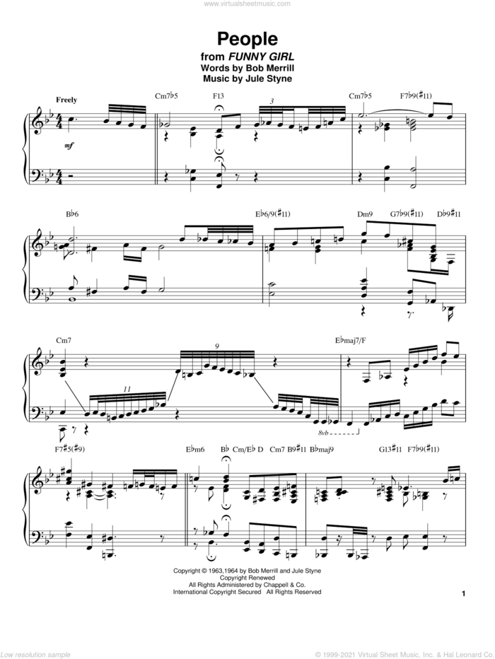People sheet music for piano solo (transcription) by Oscar Peterson, Barbra Streisand, Bob Merrill and Jule Styne, intermediate piano (transcription)