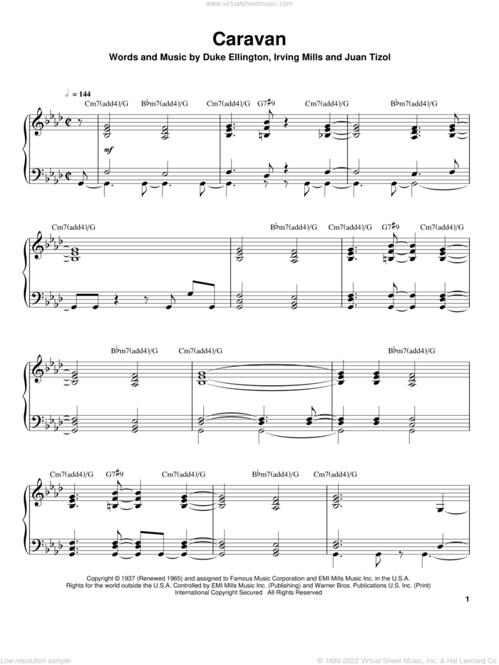 Caravan sheet music for piano solo (transcription) by Tommy Flanagan, Duke Ellington, Irving Mills and Juan Tizol, intermediate piano (transcription)
